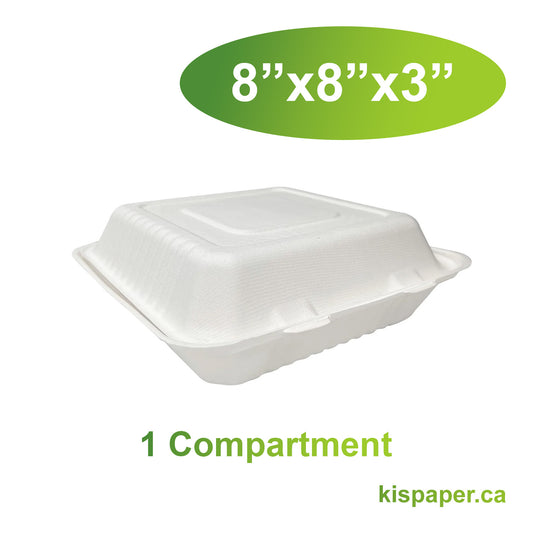 8" x 8" x 3" - Bagasse Clamshell Containers 1 Compartment - Carton of 200 - KIS PAPER - 5120; $0.20/pc