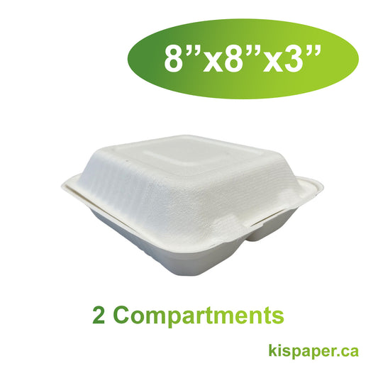 8" x 8" x 3" - Bagasse Clamshell Containers 2 Compartments - Carton of 200 - KIS PAPER - 5121; $0.23/pc