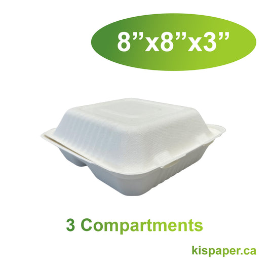 8" x 8" x 3" - Bagasse Clamshell Containers 3 Compartments - Carton of 200 - KIS PAPER - 5122; $0.23/pc