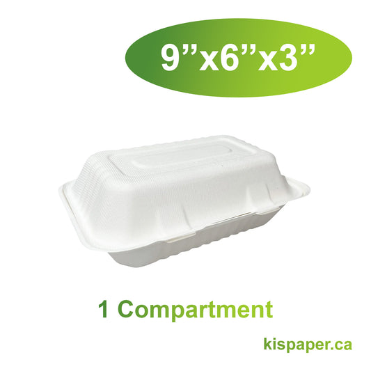 9" x 6" x 3" - Bagasse Clamshell Containers 1 Compartment - Carton of 200 - KIS PAPER - 5126; $0.20/pc