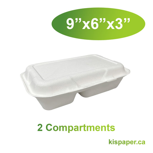 9" x 6" x 3" - Bagasse Clamshell Containers 2 Compartments - Carton of 250 - KIS PAPER - 5127; $0.20/pc