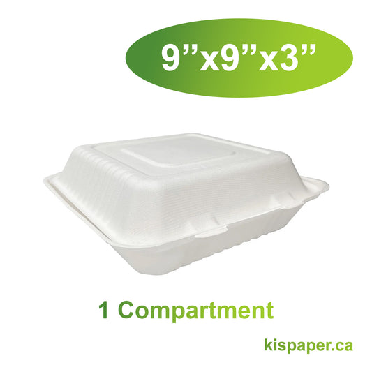 9" x 9" x 3" - Bagasse Clamshell Containers 1 Compartment - Carton of 200 - KIS PAPER - 5123; $0.230/pc