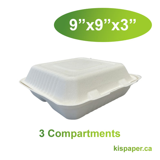 9" x 9" x 3" - Bagasse Clamshell Containers 3 Compartments - Carton of 200 - KIS PAPER - 5124; $0.230/pc