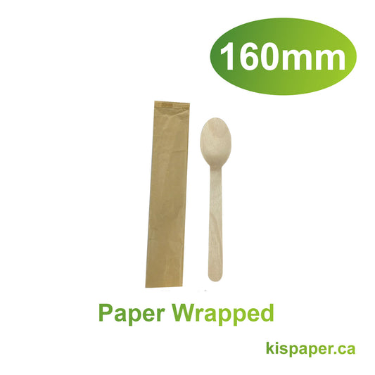 160mm - Wooden Spoon Paper Wrapped - Carton of 1000 - KIS PAPER - 1177; $0.030/pc