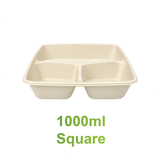 1000ml - 3 Compartments Natural Pulp Square Food Container Base - Carton of 300 - KIS PAPER - 6172; $0.19/pc