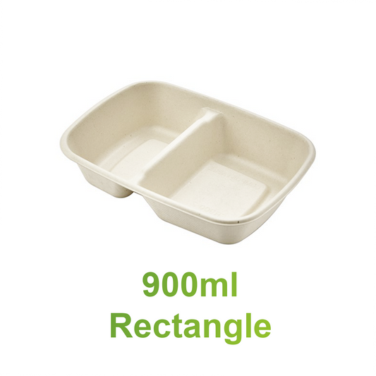 900ml - 2 Compartments Natural Pulp Rectangle Food Container Base - Carton of 300 - KIS PAPER - 6169; $0.177/pc