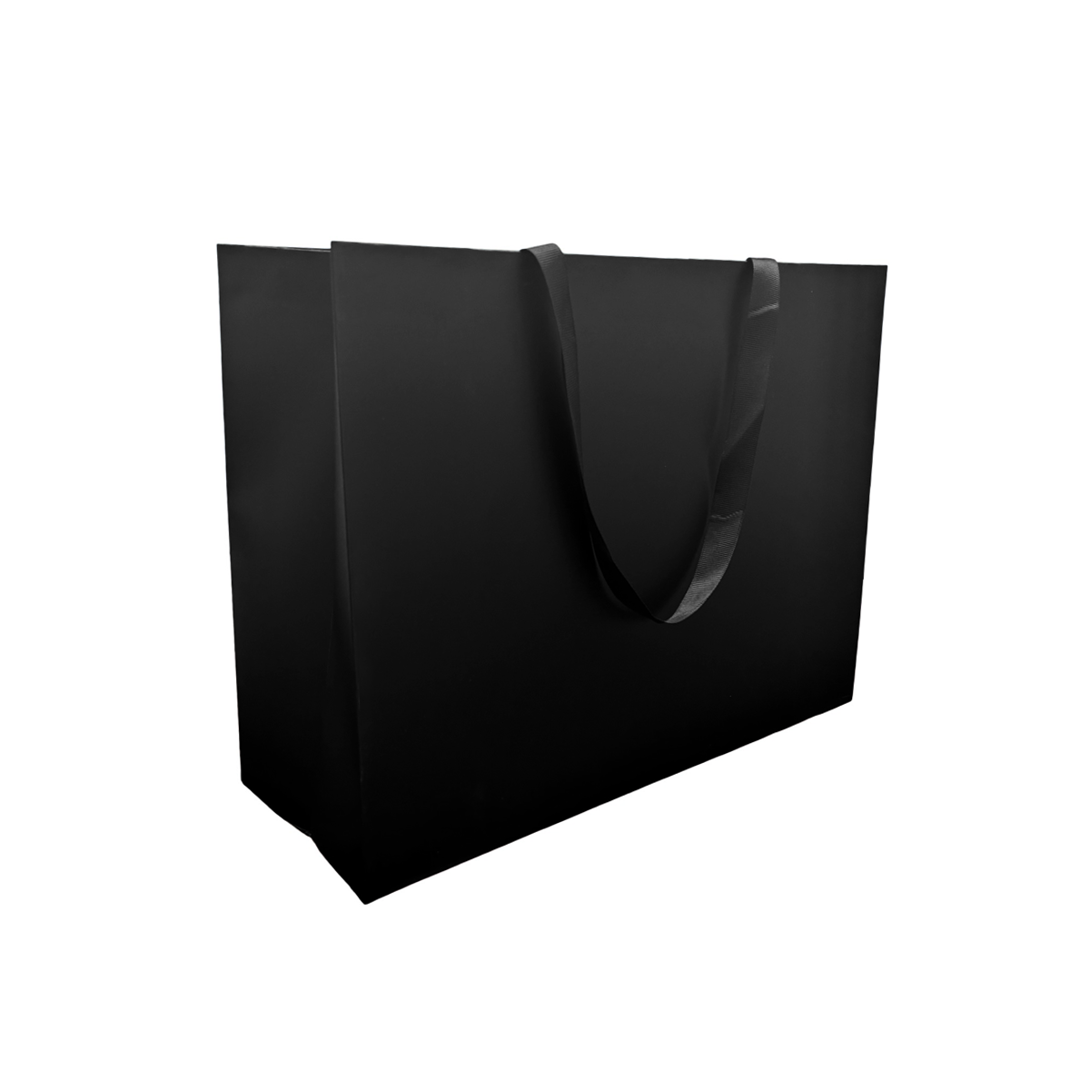 FB1662BK | 100pcs Vogue 16x6x12 inches Black Laminated Contour Luxe Paper Bags, Double-sides Smooth Finish, Black Ribbon Handles; $1.46/pc
