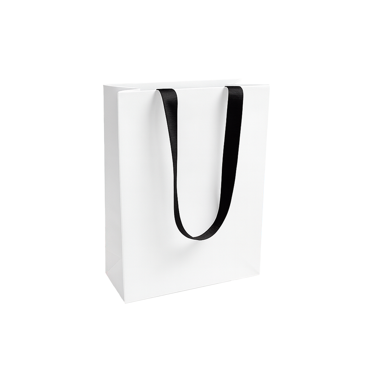 FB8410WB | 200pcs Cub 8x4x10 inches White Contour Luxe Paper Bags, Double-sides Smooth Finish, Black Ribbon Handles; $0.96/pc