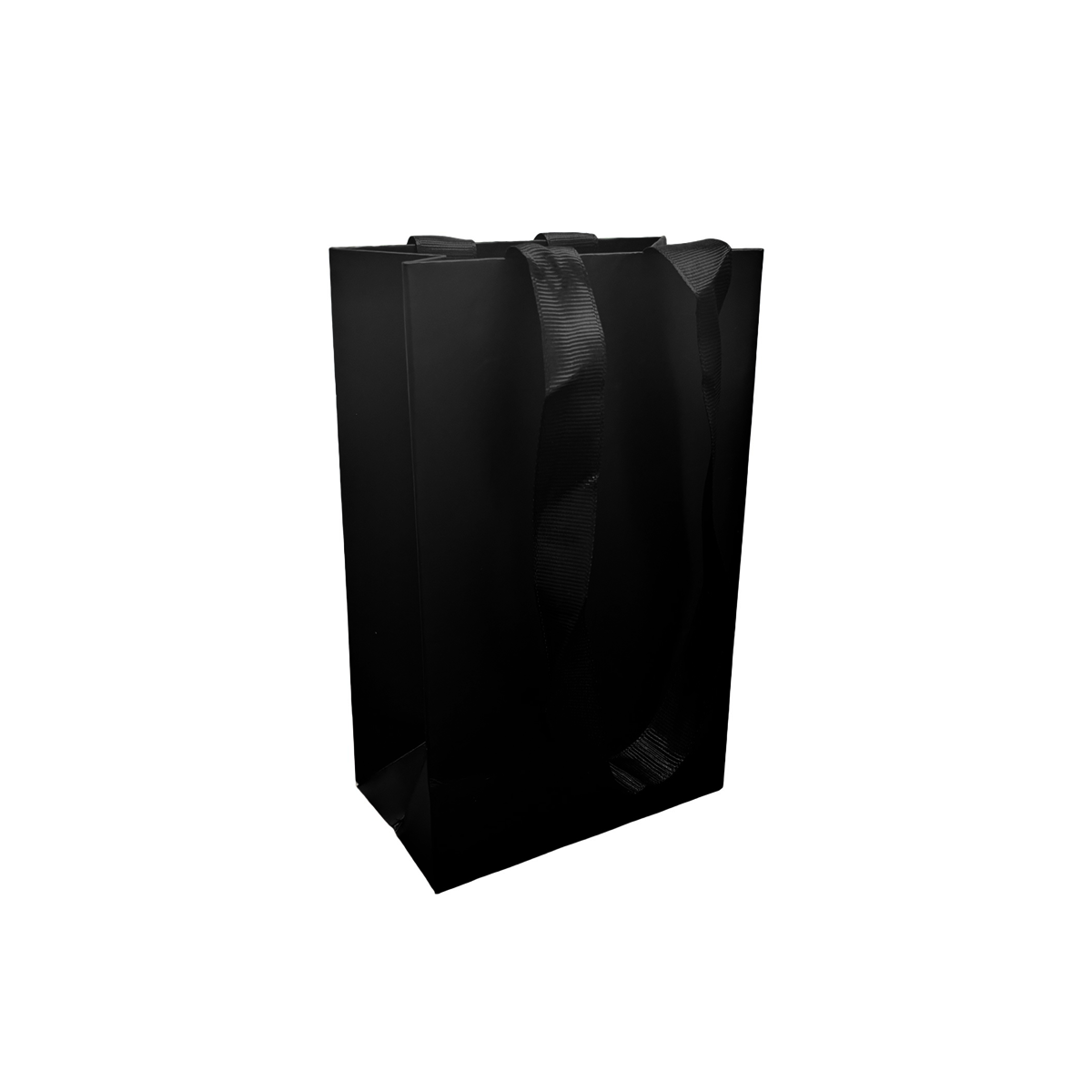 FB5358BK | 200pcs Gem 5x3x8 inches Black Laminated Contour Luxe Paper Bags, Double-sides Smooth Finish, Black Ribbon Handles; $0.82/pc