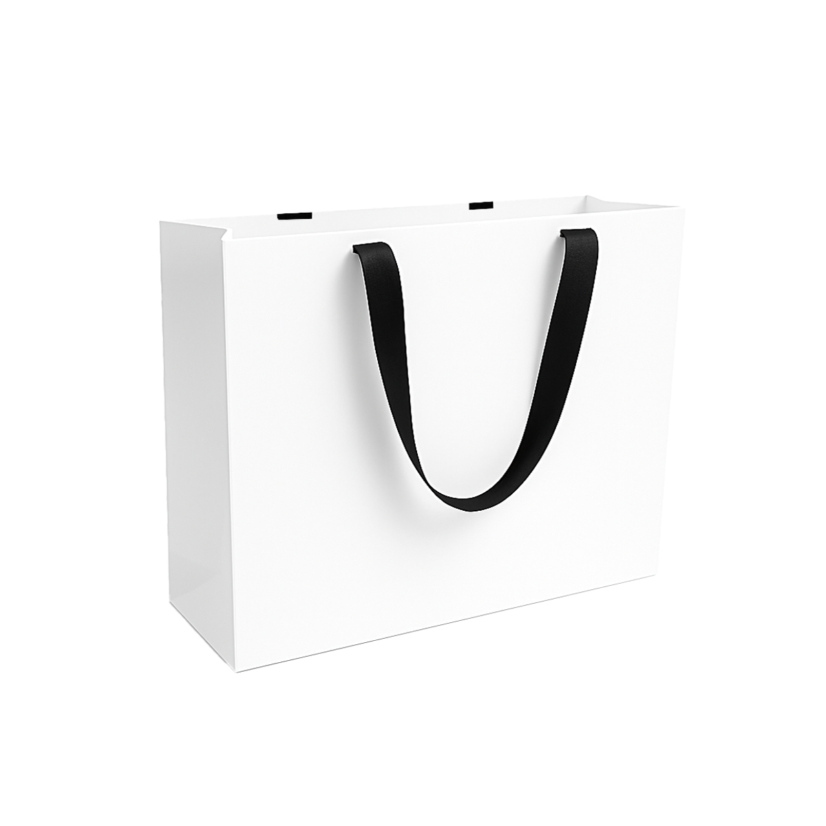 FB1662WB | 100pcs Vogue 16x6x12 inches White Contour Luxe Paper Bags, Double-sides Smooth Finish, Black Ribbon Handles; $1.34/pc