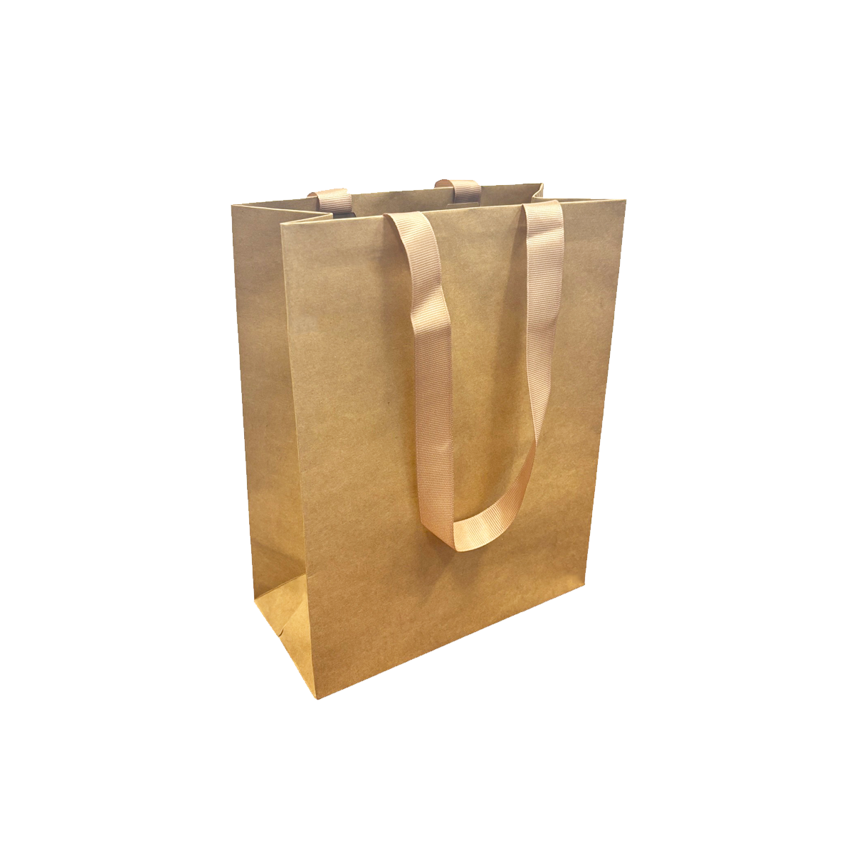 FB8410BBR | 200pcs Cub 8x4x10 inches Kraft Contour Luxe Paper Bags, Double-sides Smooth Finish, Brown Ribbon Handles; $0.84/pc