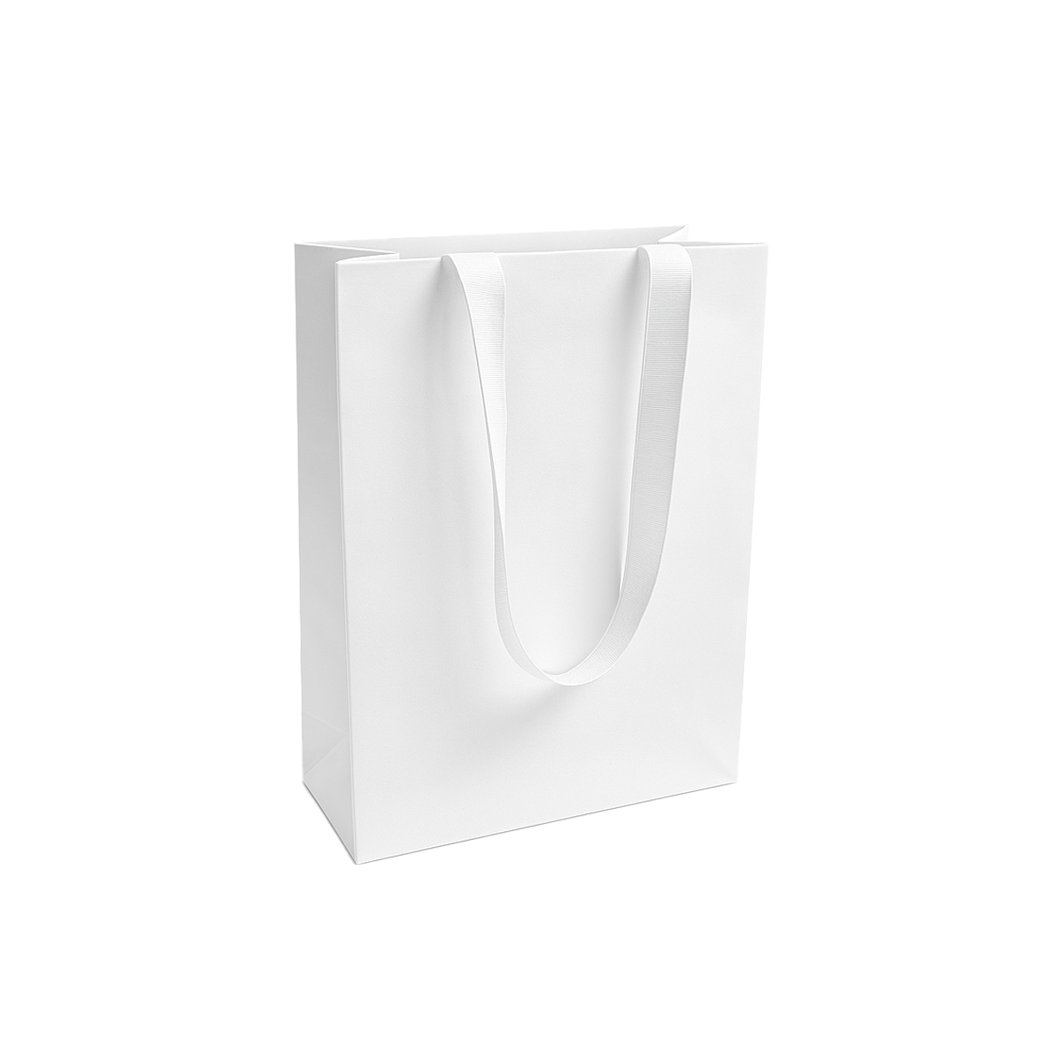 FB8410WW | 200pcs Cub 8x4x10 inches White Contour Luxe Paper Gift Bag, Double-sides Smooth Finish, White Ribbon Handles; $0.96/pc