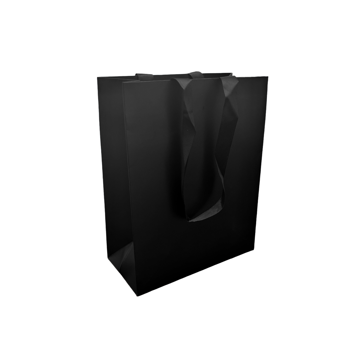 FB8410BK | 200pcs Cub 8x4x10 inches Black Laminated Contour Luxe Paper Bags, Double-sides Smooth Finish, Black Ribbon Handles; $1.05/pc