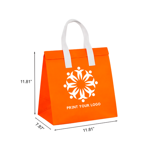 Custom Printed Aluminum Cooler Orange Insulated Takeout Bags (11.81" x 7.87" x 11.81") with White Flat Handles - SKU #6038
