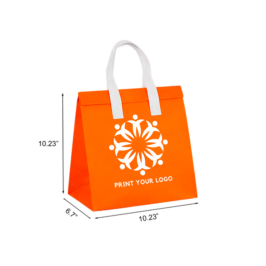 Custom Printed Aluminum Cooler Orange Insulated Takeout Bags (10.23” x 6.7” x 10.23”) with White Flat Handles - SKU #6034