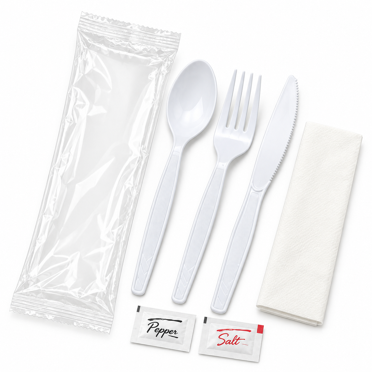 White Plastic Utensil Kit with Knife, Fork, Spoon, Napkin, Salt & Pepper on a white background – SKU PLC