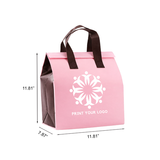 Custom Printed Aluminum Cooler Pink Insulated Takeout Bags (11.81" x 7.87" x 11.81") with Brown Flat Handles - SKU #6037