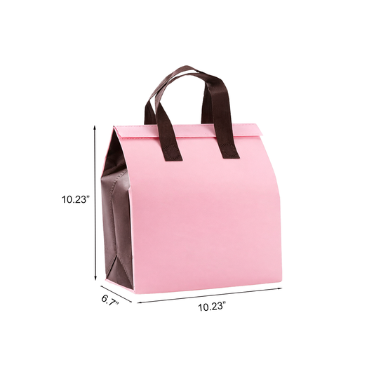Aluminum Cooler Pink Insulated Takeout Bags (10.23” x 6.7” x 10.23”) with Brown Flat Handles - SKU #6033