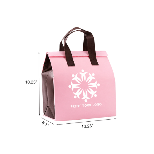 Custom Printed Aluminum Cooler Pink Insulated Takeout Bags (10.23” x 6.7” x 10.23”) with Brown Flat Handles - SKU #6033