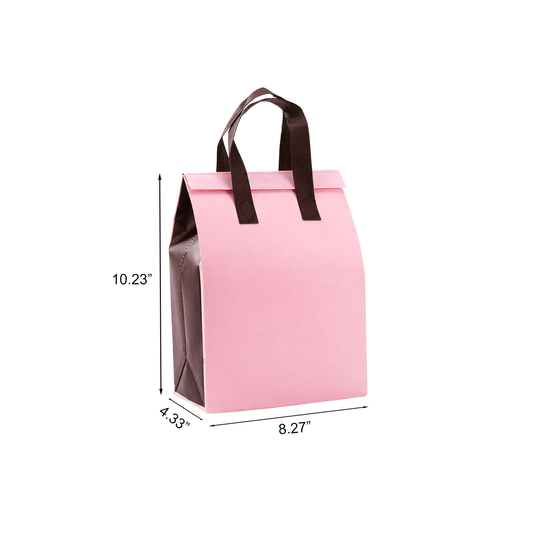 Aluminum Cooler Pink Insulated Takeout Bags (8.27″ × 4.33″ × 10.33″) with Brown Flat Handles - SKU #6029
