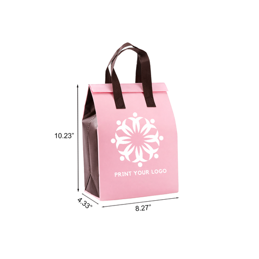 Custom Printed Aluminum Cooler Pink Insulated Takeout Bags (8.27″ × 4.33″ × 10.33″) with Brown Flat Handles - SKU #6029
