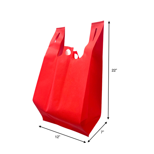 200pcs Non-Woven Reusable T-Shirt Bag 12x7x22 inches Red Shopping Bags Pinch Bottom; $0.54/pc