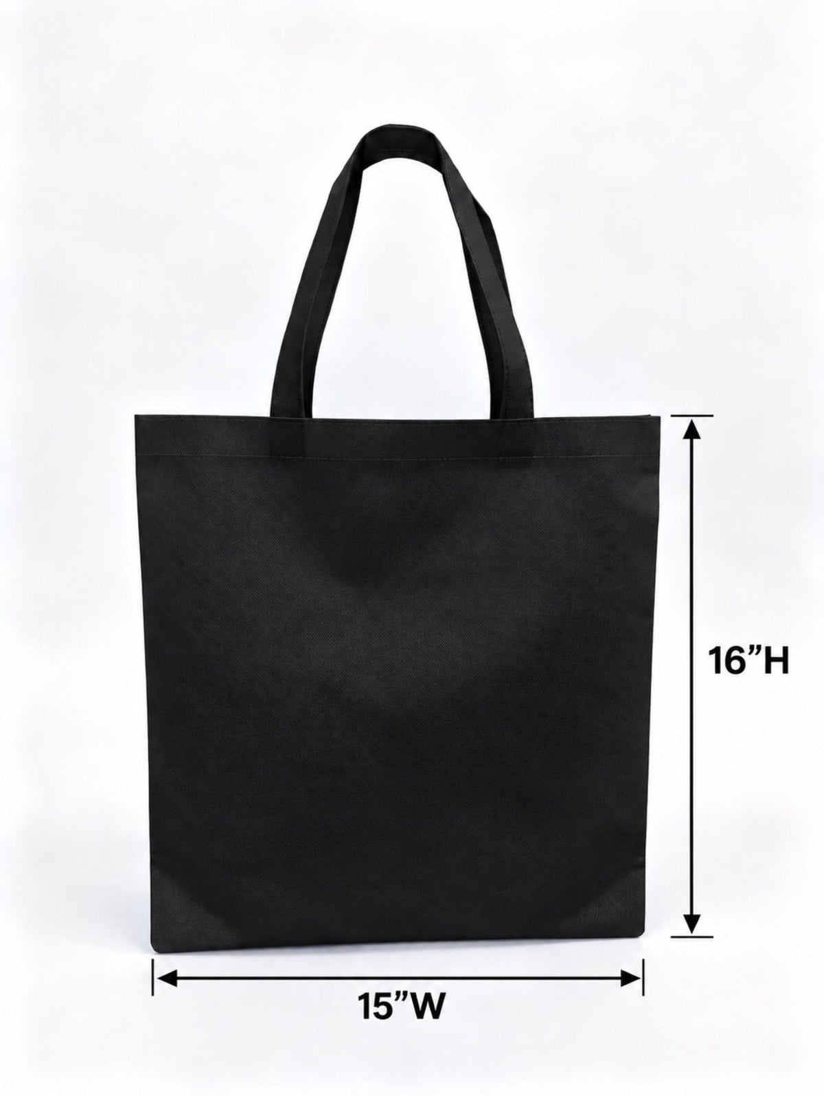 Black non-woven tote bag showing 15-inch width and 16-inch height