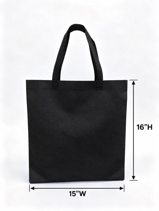 Black non-woven tote bag showing 15-inch width and 16-inch height