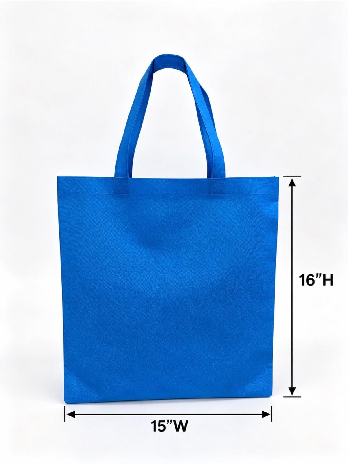 Blue non-woven tote bag showing 15-inch width and 16-inch height