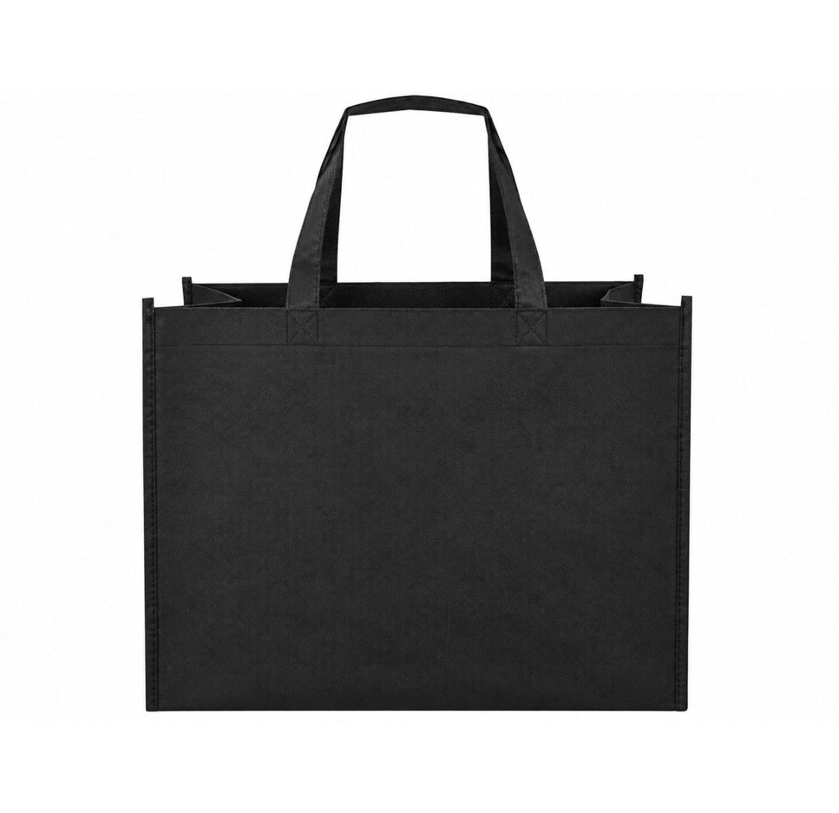 Plain black non-woven tote bag with long handles, 18 × 8 × 14 inches