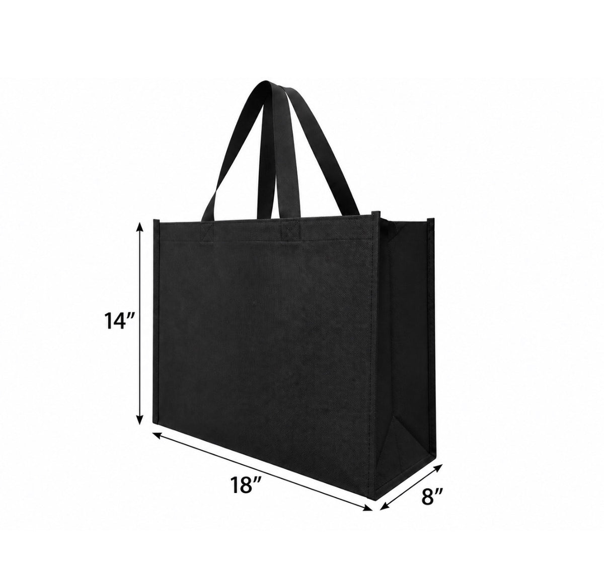 Black non-woven tote bag showing 18-inch width, 8-inch depth and 14-inch height
