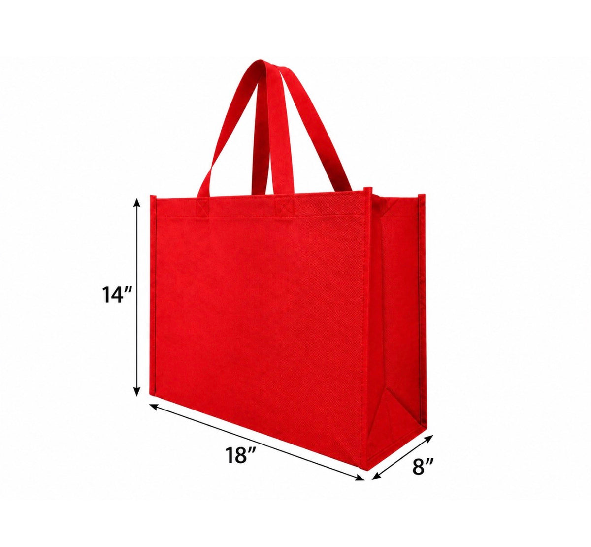 Red non-woven tote bag, 18 × 8 × 14 inches, dimension diagram