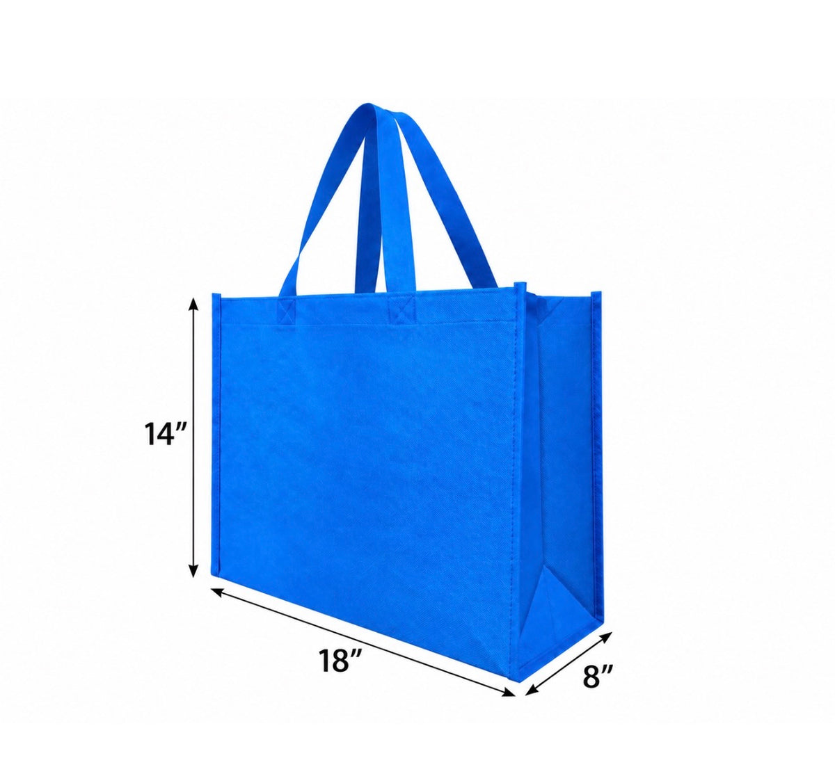 Blue non-woven tote bag, 18 × 8 × 14 inches, dimension diagram