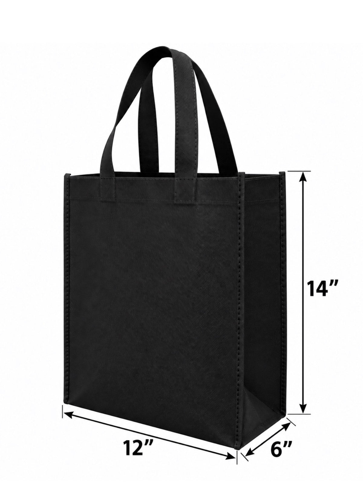 Black non-woven tote bag, 12 × 6 × 14 inches, dimension diagram