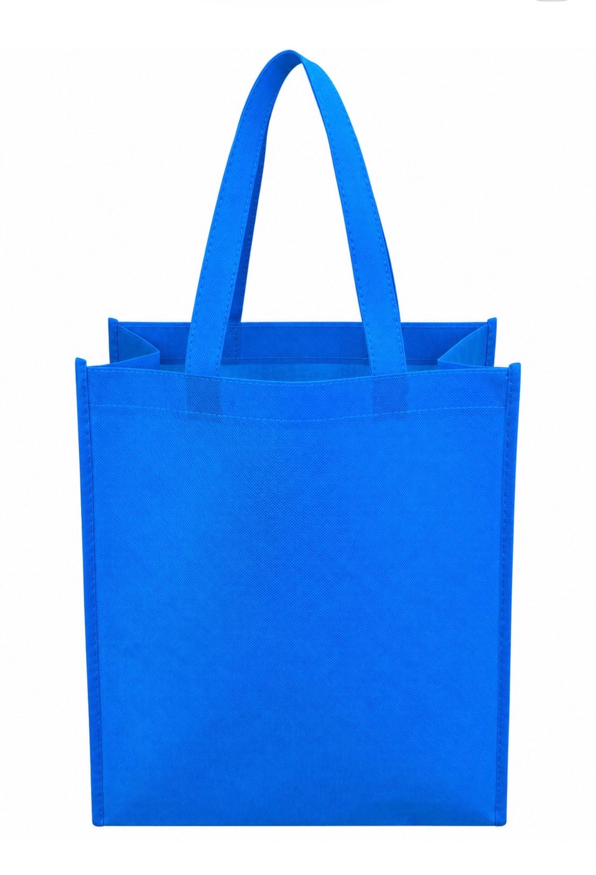 Plain blue non-woven tote bag with long handles, 12 × 6 × 14 inches