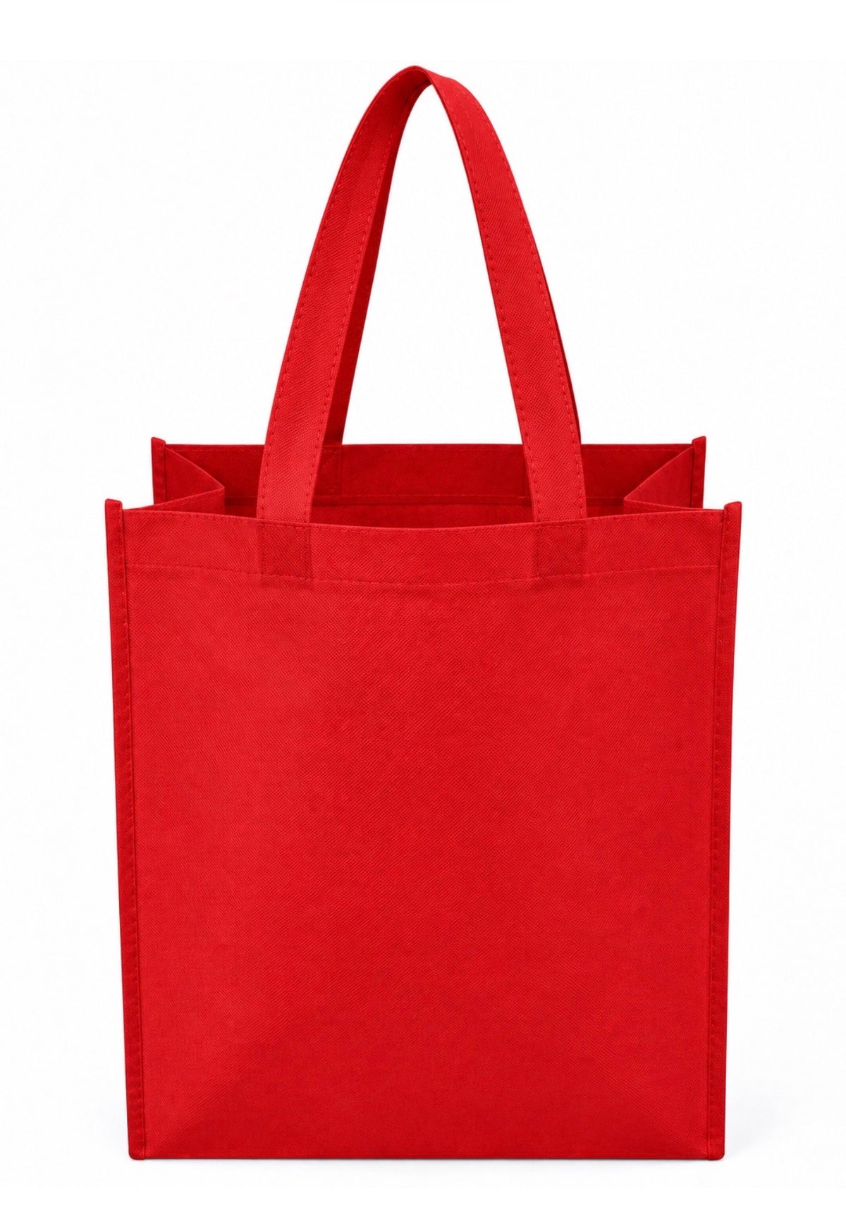 Plain red non-woven tote bag with long handles, 12 × 6 × 14 inches