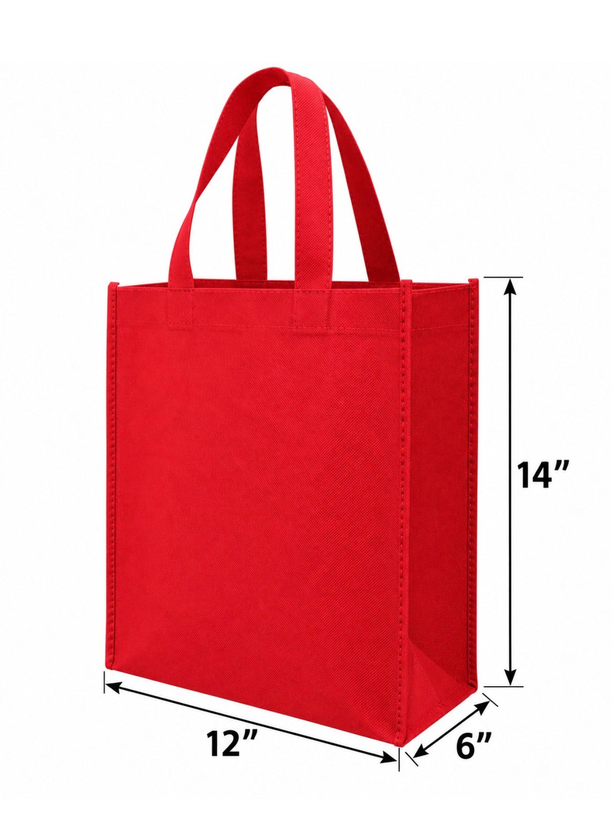 Red non-woven tote bag, 12 × 6 × 14 inches, dimension diagram