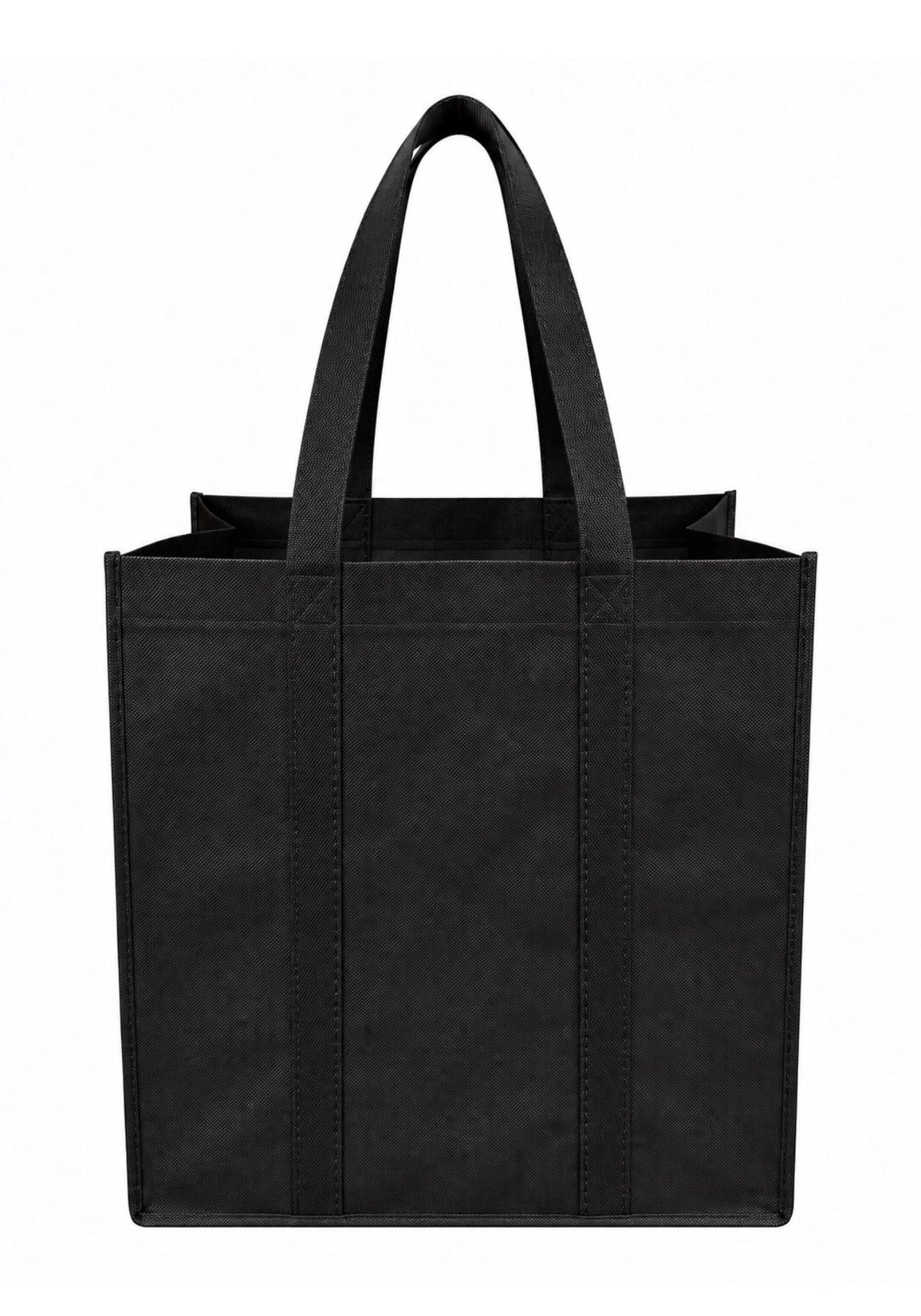 Plain black non-woven tote bag with long handles over the bottom, 15 × 8 × 15 inches