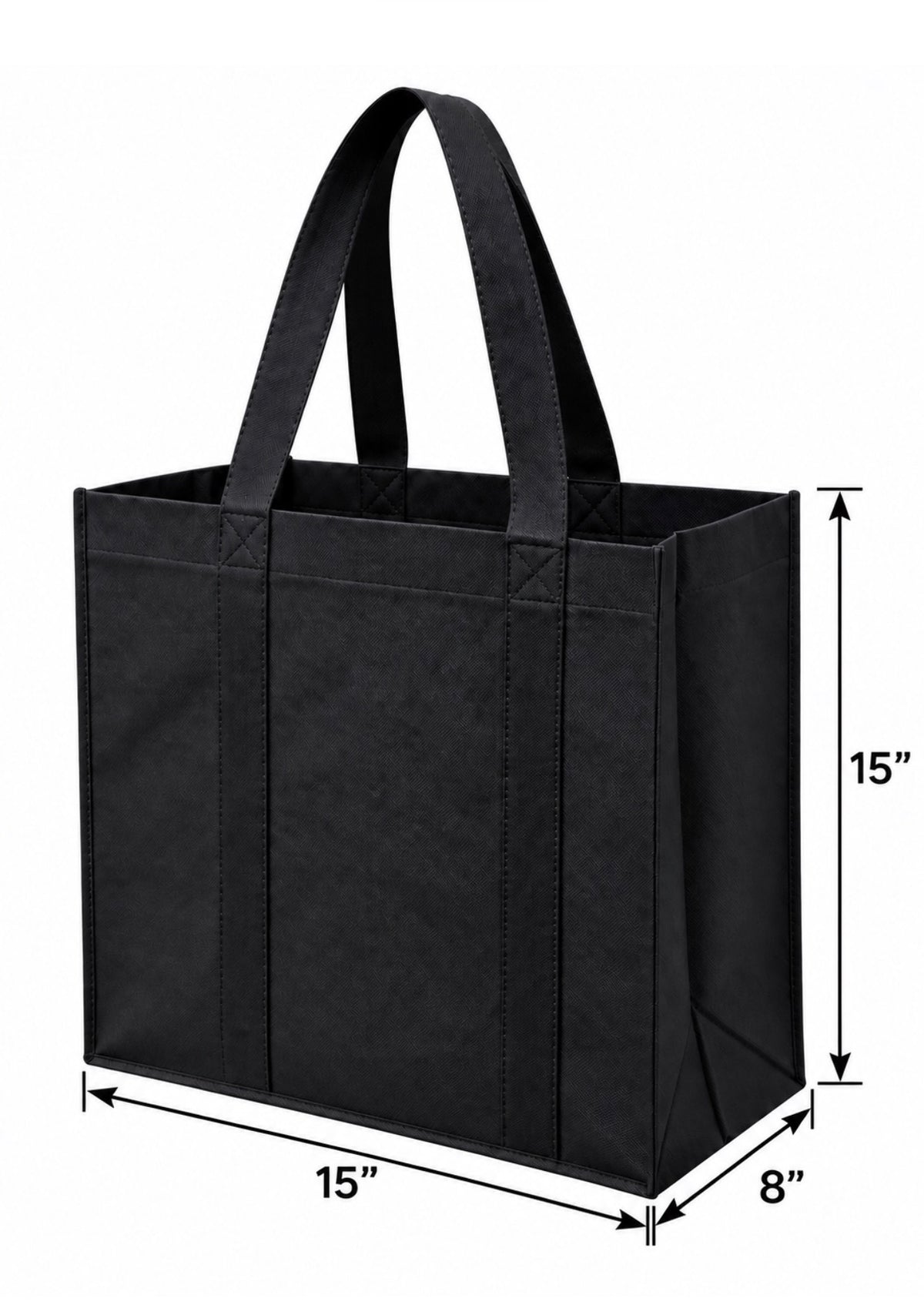 Black non-woven tote bag showing 15-inch width, 8-inch depth and 15-inch height