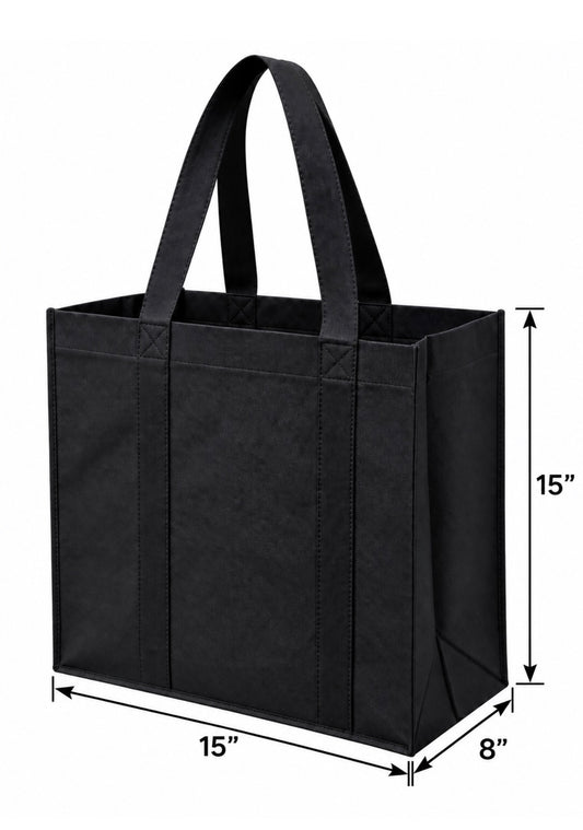 Black non-woven tote bag showing 15-inch width, 8-inch depth and 15-inch height