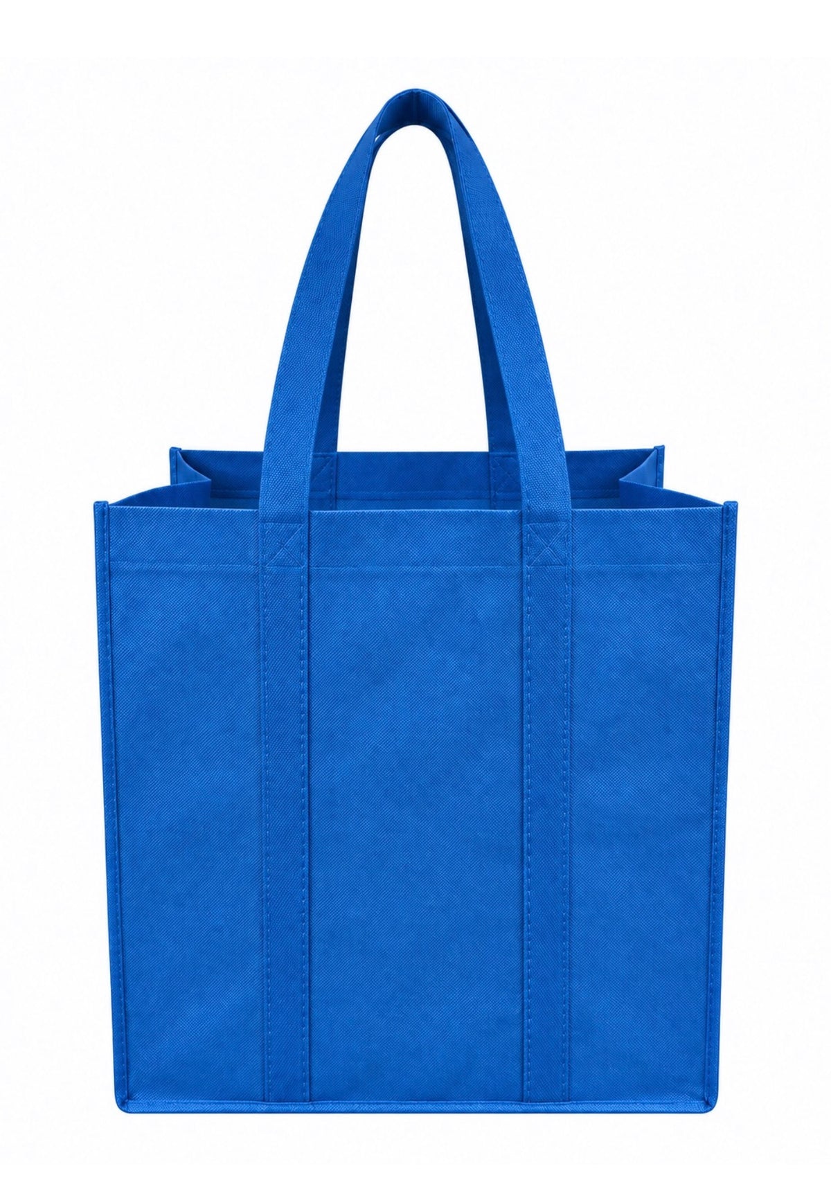 Plain blue non-woven tote bag with long handles over the bottom, 15 × 8 × 15 inches