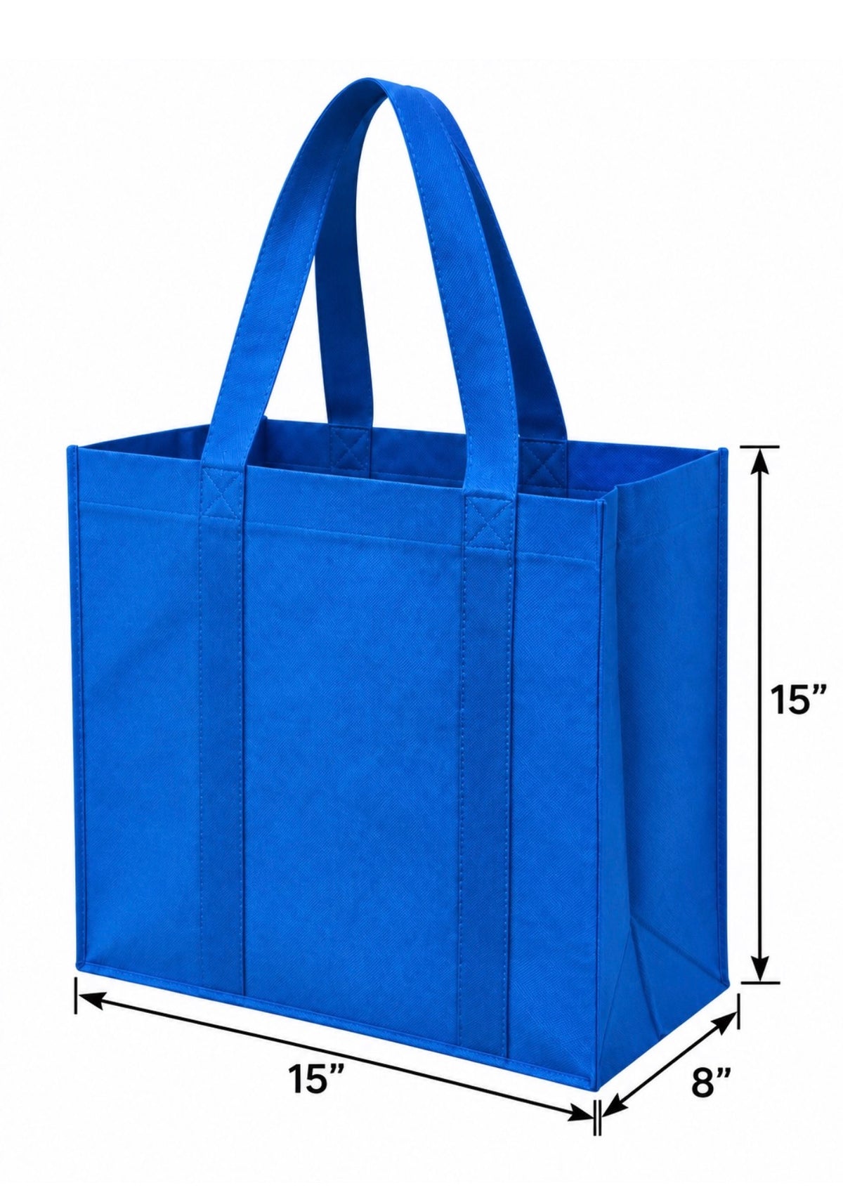 Blue non-woven tote bag showing 15-inch width, 8-inch depth and 15-inch height
