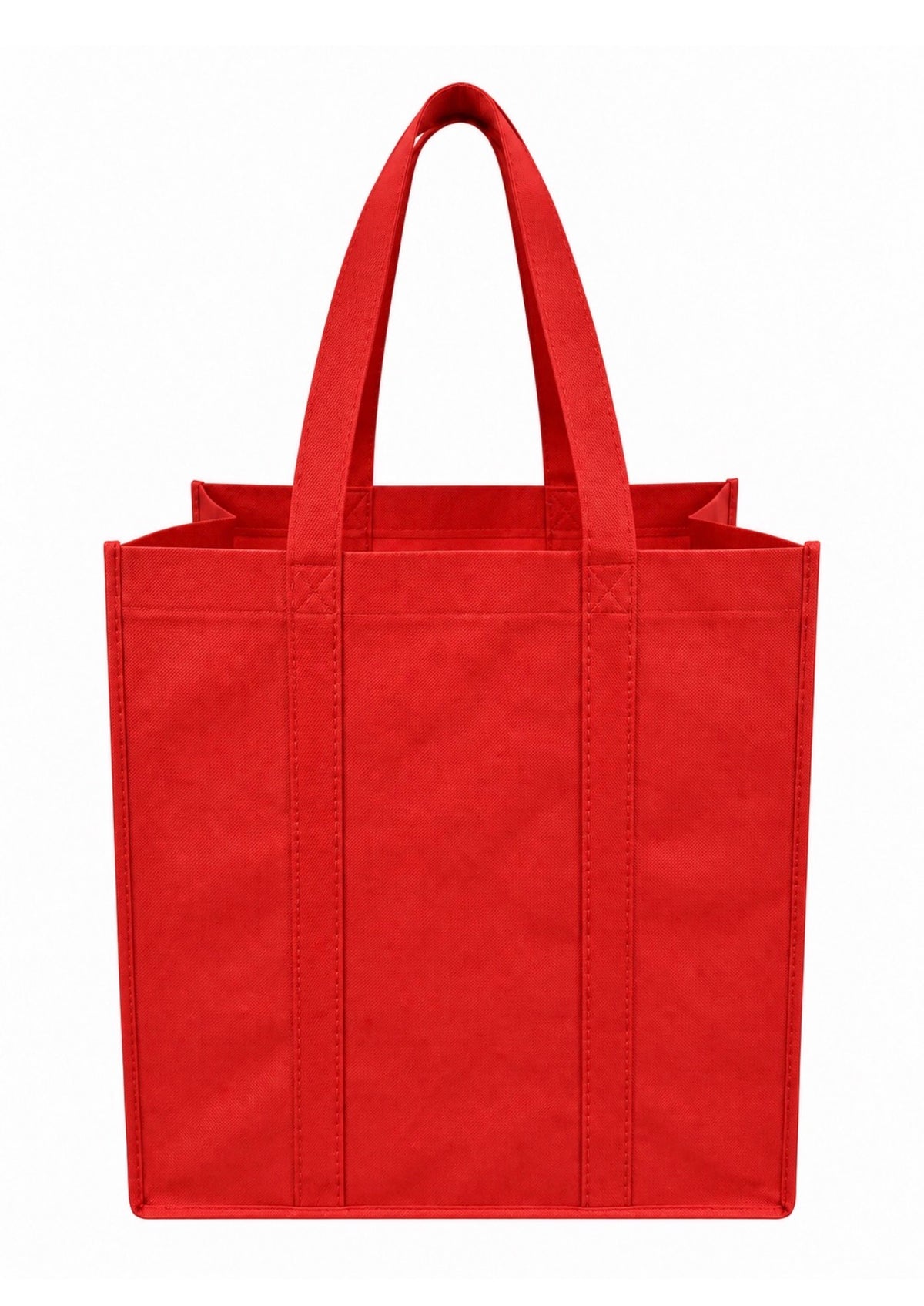 Plain red non-woven tote bag with long handle over bottom, 15 × 8 × 15 inches