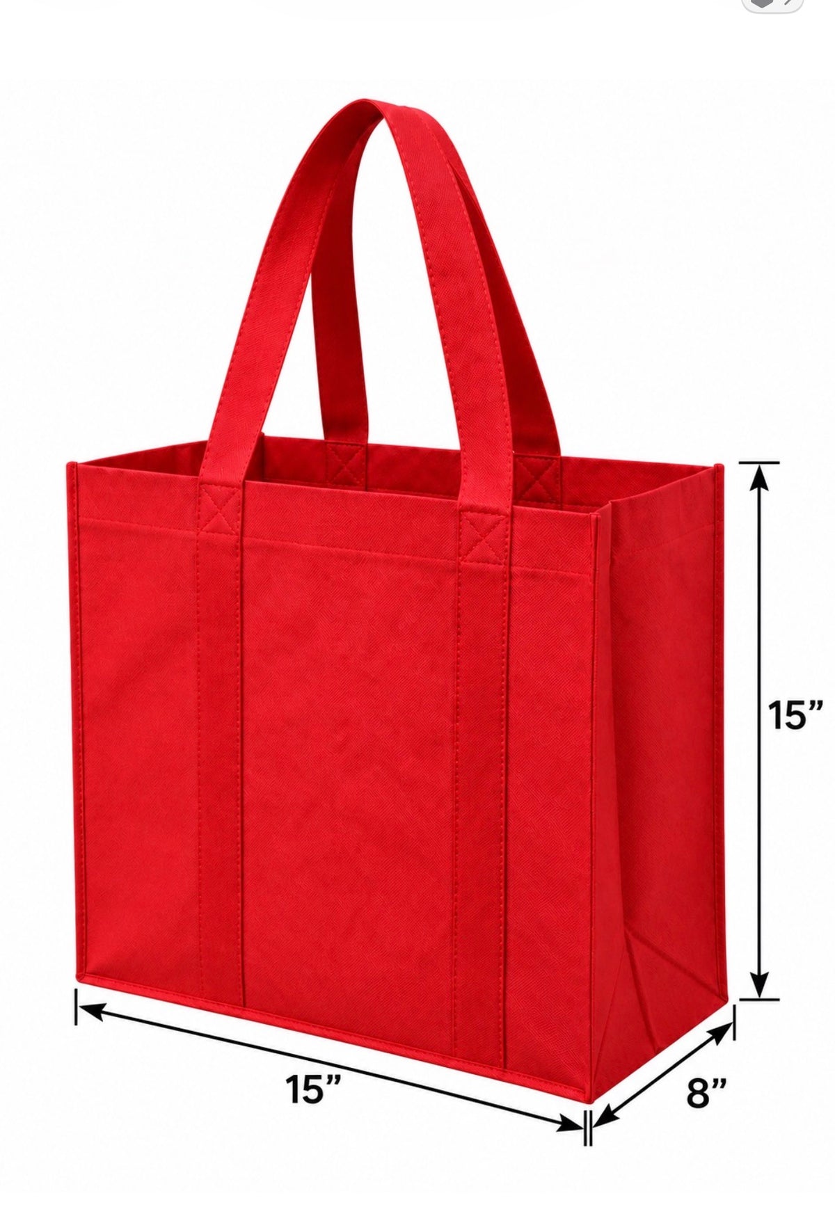 Red non-woven tote bag, 15 × 8 × 15 inches, dimension diagram