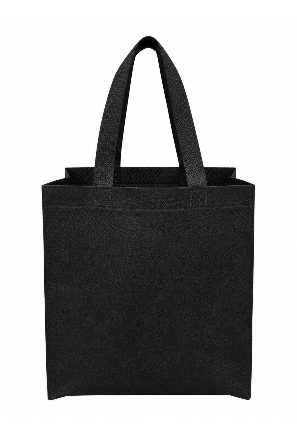 Plain black non-woven tote bag with long handles, 9.5 × 4 × 12 inches