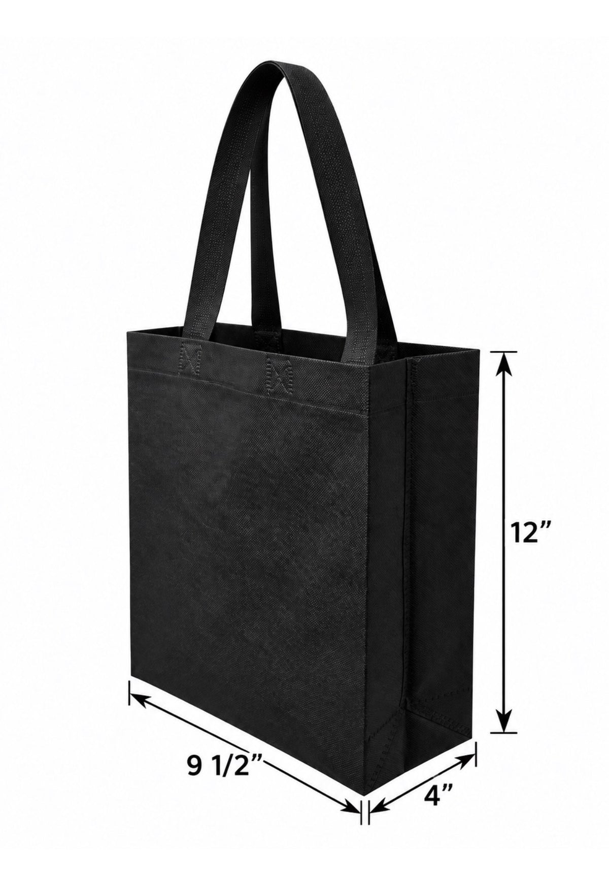 Black non-woven tote bag, 9.5 × 4 × 12 inches, dimension diagram