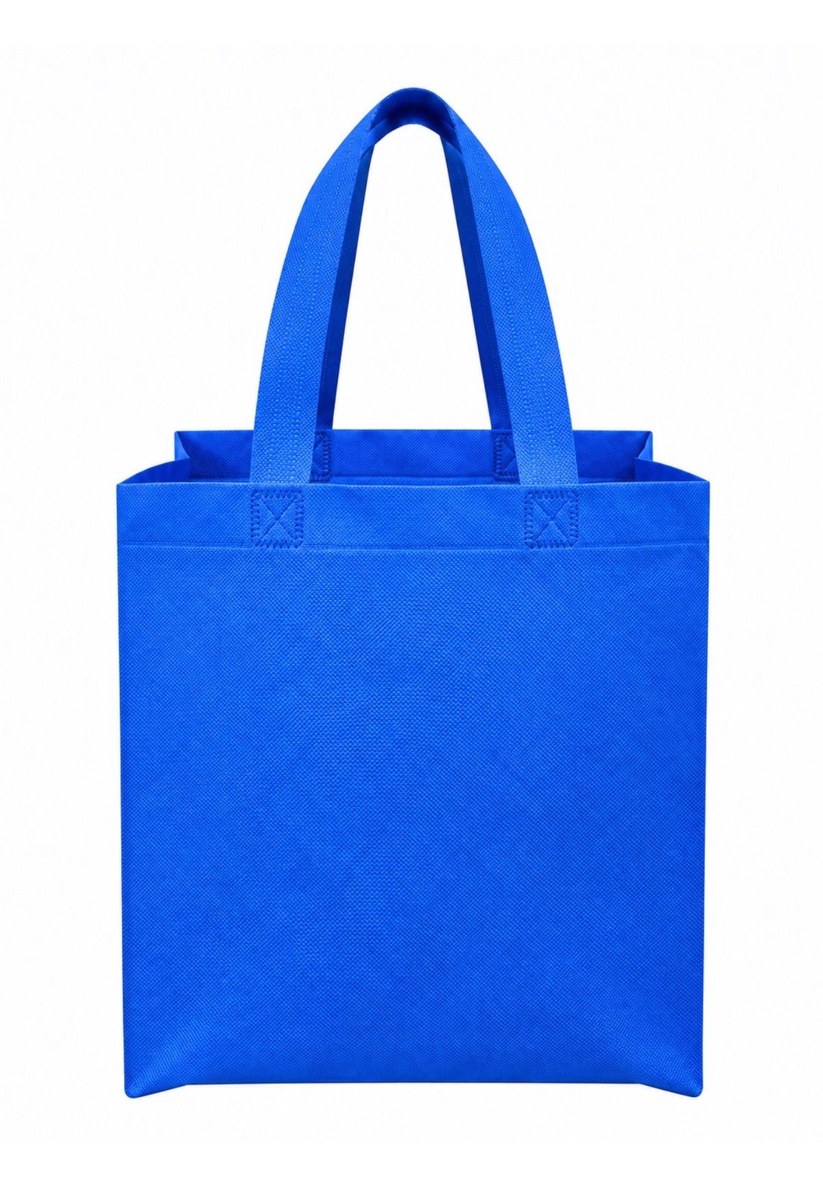 Plain blue non-woven tote bag with long handles, 9.5 × 4 × 12 inches