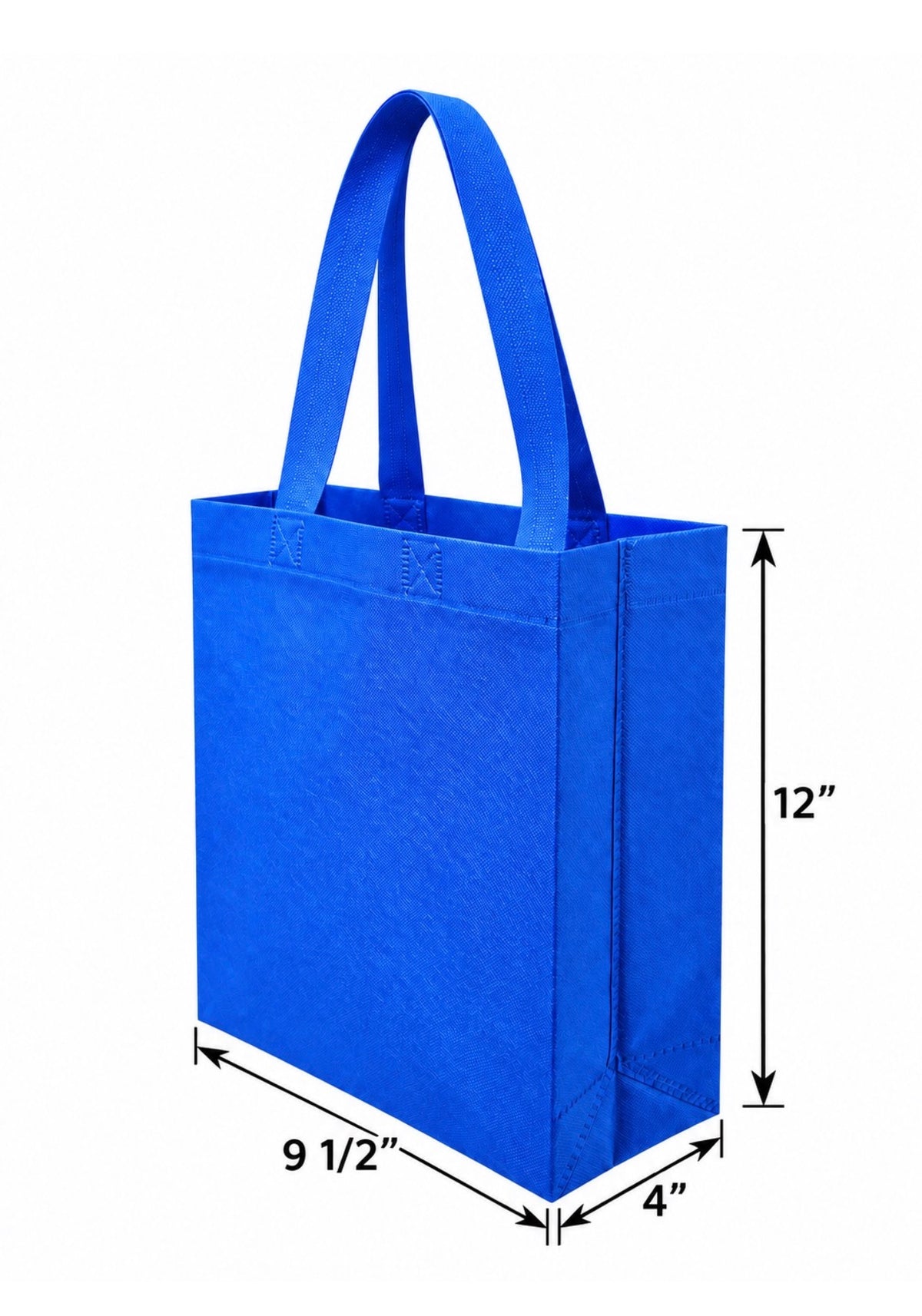 Blue non-woven tote bag, 9.5 × 4 × 12 inches, dimension diagram