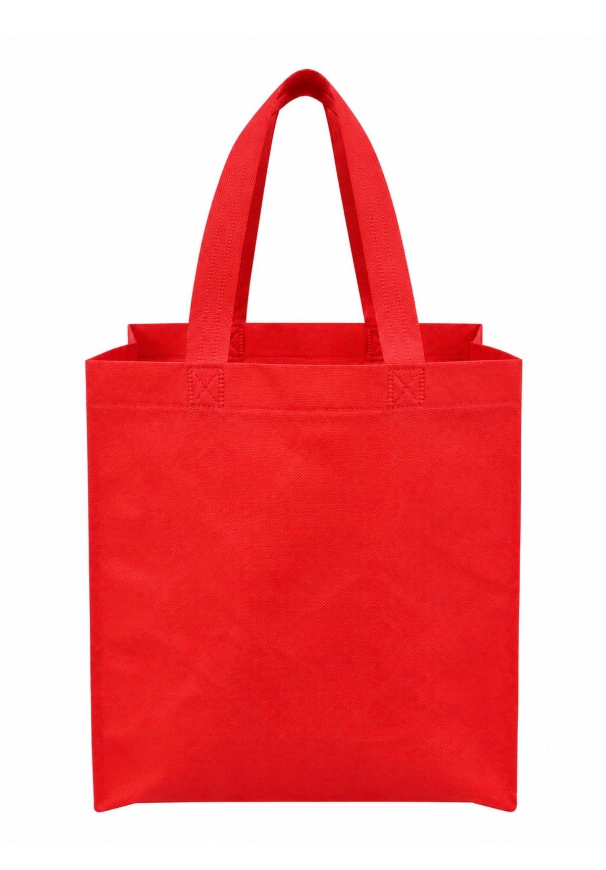 Plain red non-woven tote bag with long handles, 9.5 × 4 × 12 inches