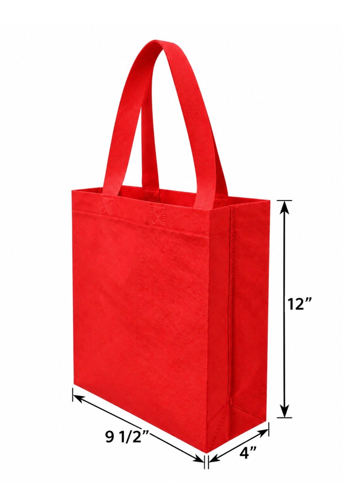 Red non-woven tote bag, 9.5 × 4 × 12 inches, dimension diagram